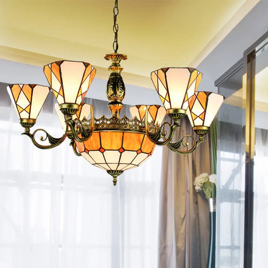 Yellow Tiffany-Style Stained Glass Pendant Chandelier For Bedroom - 9-Light Ceiling Lamp