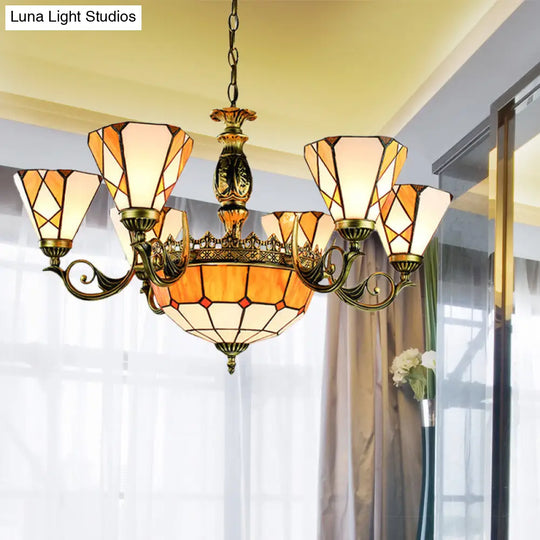 Tiffany-Style Yellow Stained Glass Pendant Lamp - 9 Lights For Bedroom Ceiling