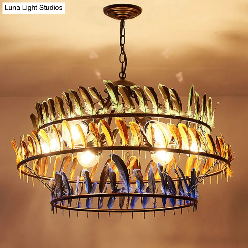 Yellow Traditional Metal Pendant Chandelier - Ring Living Room Light Fixture With 6 Hanging Lights