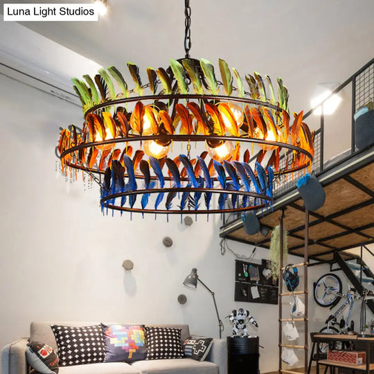 Yellow Traditional Metal Pendant Chandelier - Ring Living Room Light Fixture With 6 Hanging Lights