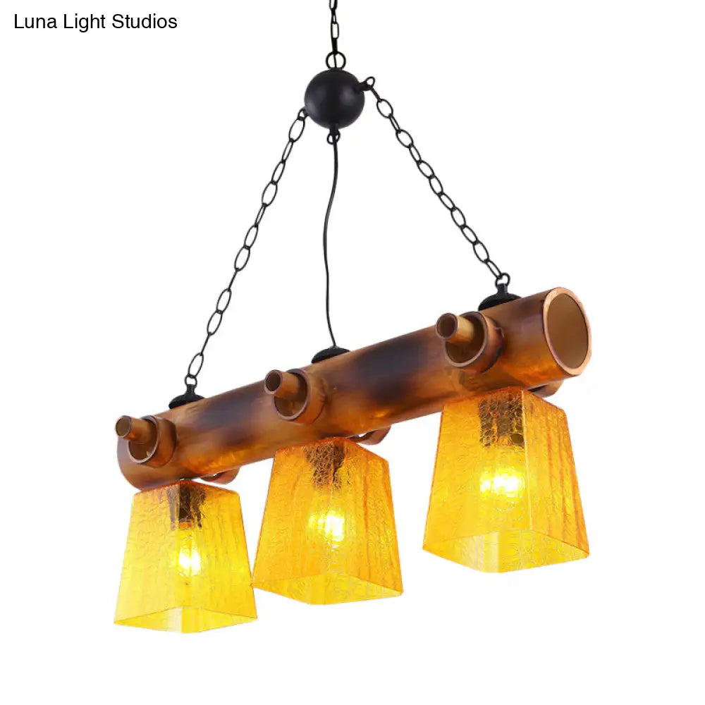 Yellow Trapezoid Island Pendant Light With 3 Bulbs Bamboo Beam - Perfect For Countryside Dining