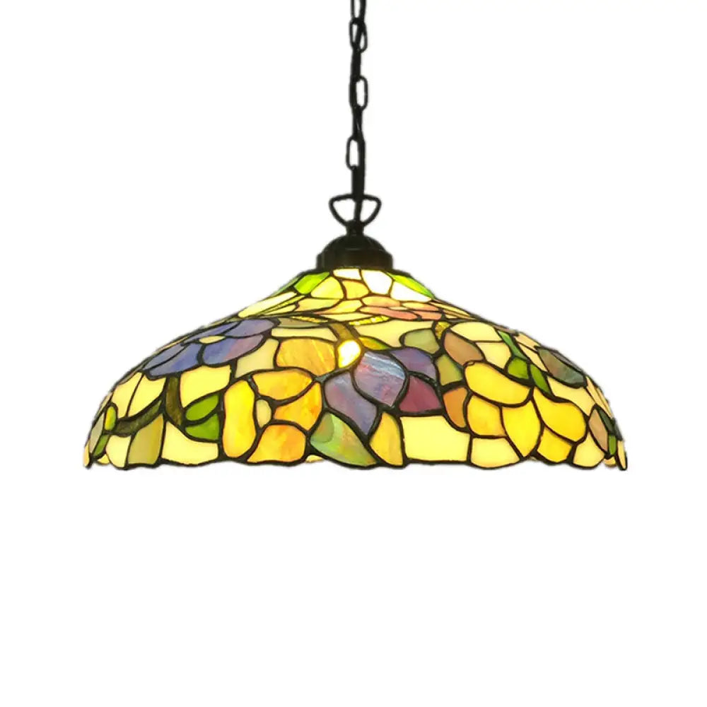 Yellow Victorian Hanging Light With Floral Pattern - Cut Glass Barn Ceiling Pendant 1-Light Fixture