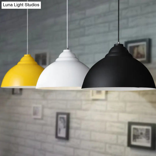 Industrial-Style Yellow/White Kitchen Pendant Lamp With Metal Domed Shade - Single Bulb Ceiling