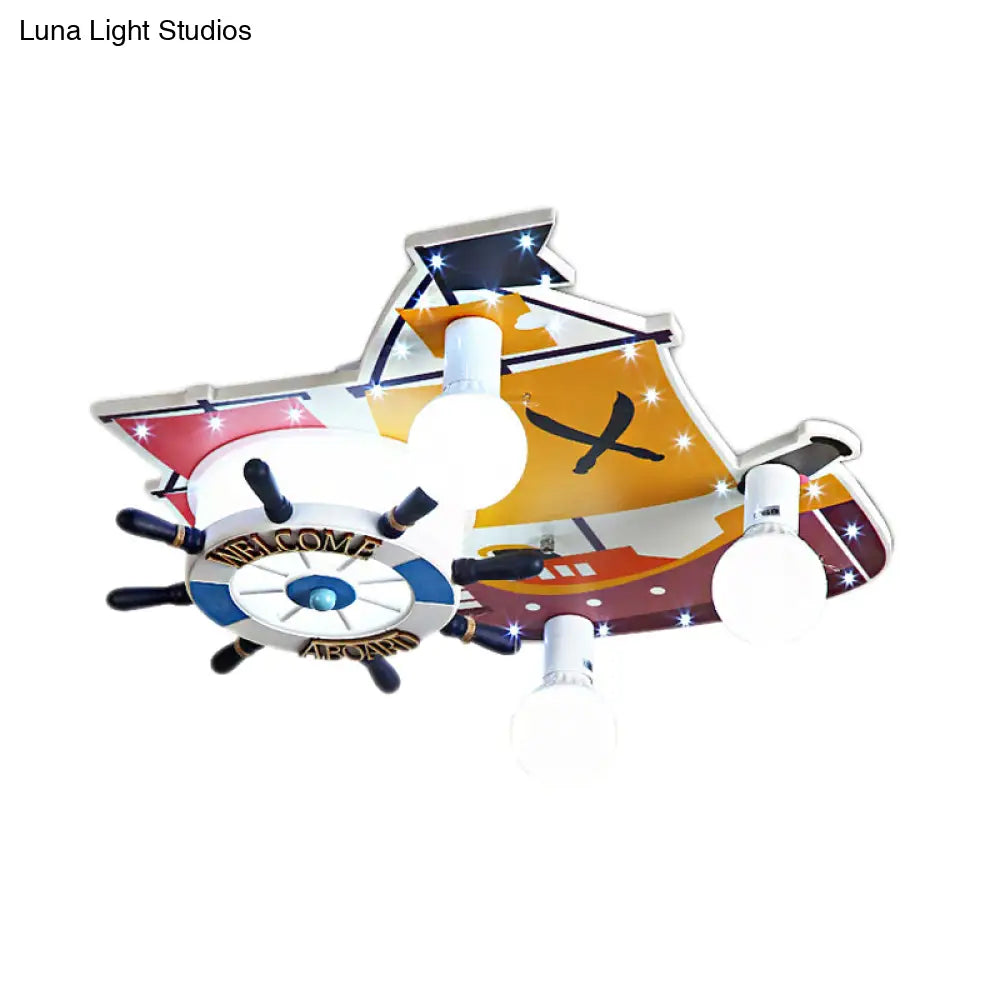 Yellow Wooden Ceiling Flush Mount Pendant Light With Cartoon Rudder Design