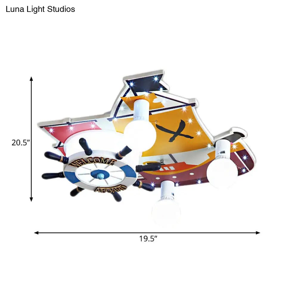 Yellow Wooden Ceiling Flush Mount Pendant Light With Cartoon Rudder Design