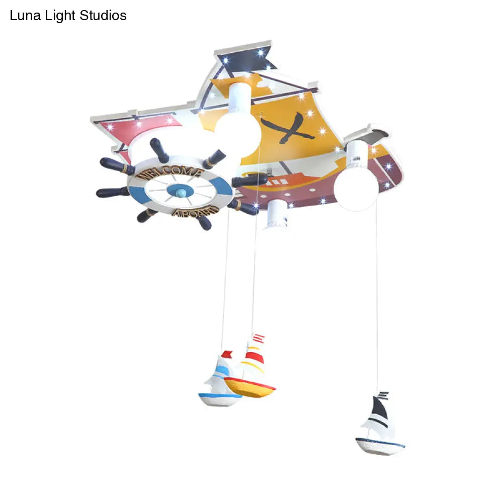 Yellow Wooden Ceiling Flush Mount Pendant Light With Cartoon Rudder Design