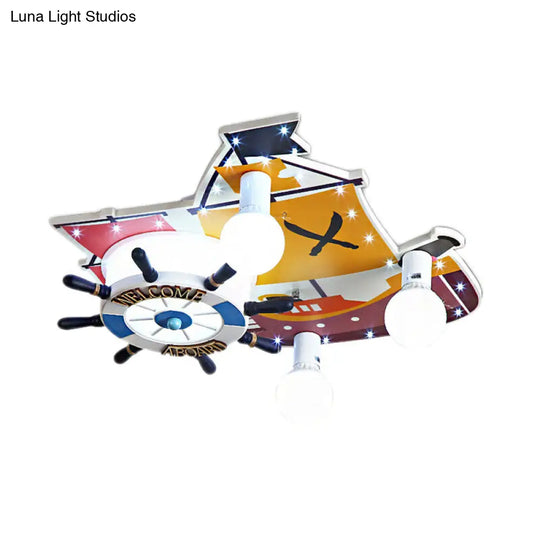 Yellow Wooden Ceiling Flush Mount Pendant Light With Cartoon Rudder Design