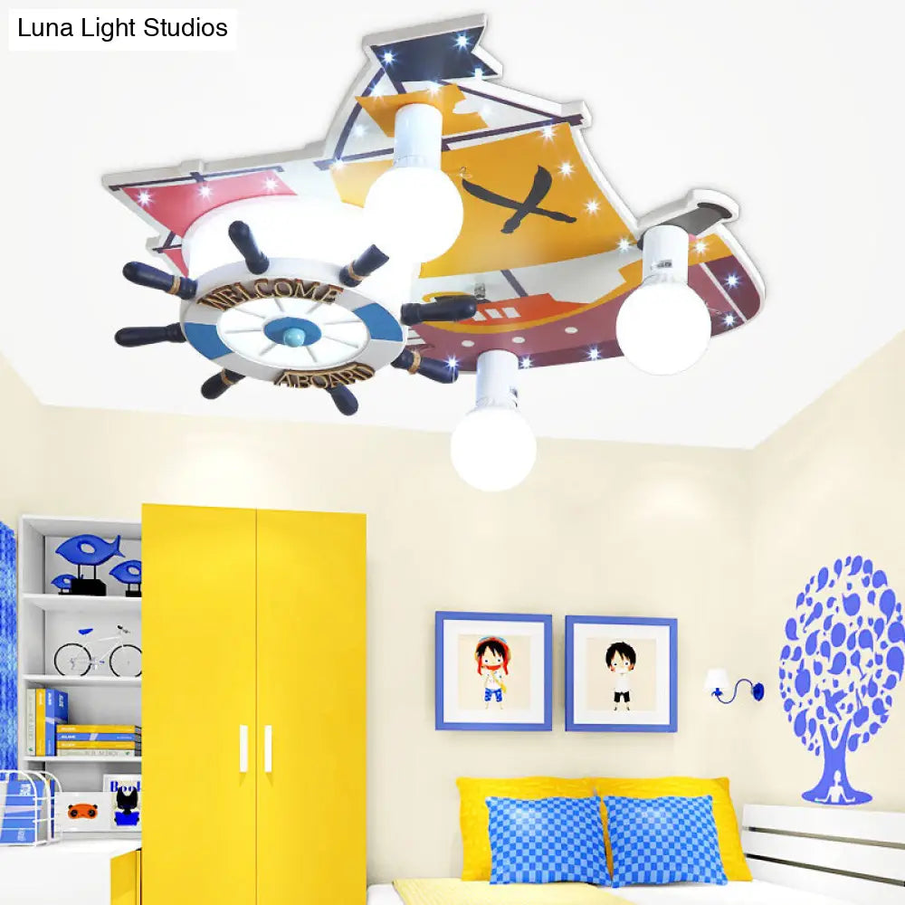 Yellow Wooden Ceiling Flush Mount Pendant Light With Cartoon Rudder Design / A