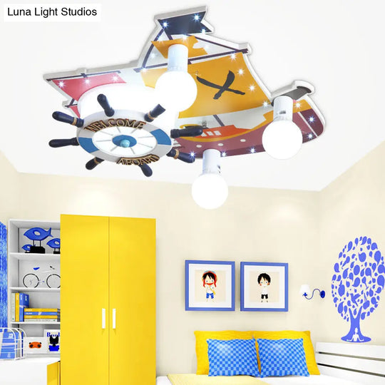 Yellow Wooden Ceiling Flush Mount Pendant Light With Cartoon Rudder Design / A