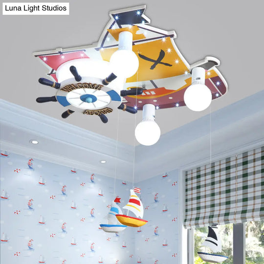 Yellow Wooden Ceiling Flush Mount Pendant Light With Cartoon Rudder Design / B