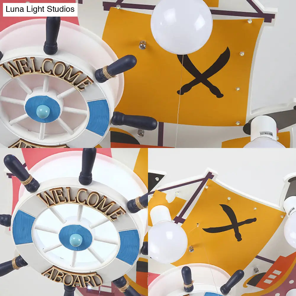 Yellow Wooden Ceiling Flush Mount Pendant Light With Cartoon Rudder Design