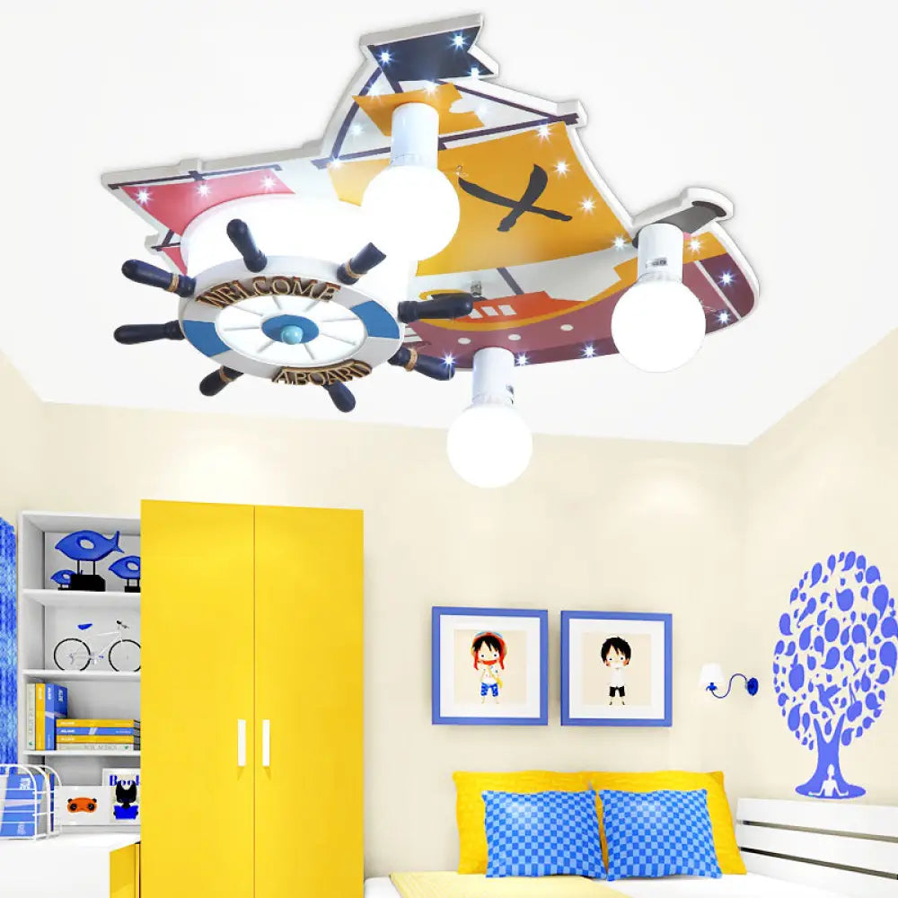 Yellow Wooden Ceiling Flush Mount Pendant Light With Cartoon Rudder Design / A
