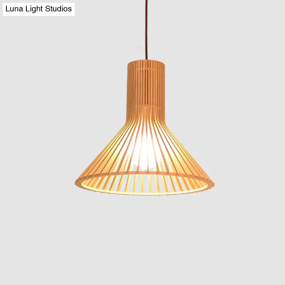 Yvette - Asian Bamboo Flared Pendant Lamp: Beige Hanging Light Fixture