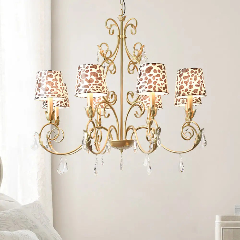 Zebra Print Conical Chandelier With Classic Fabric Shade - 6/8/10 Heads Ceiling Pendant In Gold 8 /