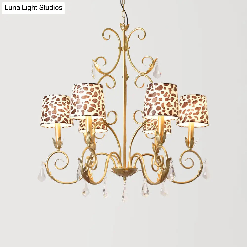 Zebra Print Conical Chandelier With Classic Fabric Shade - 6/8/10 Heads Ceiling Pendant In Gold