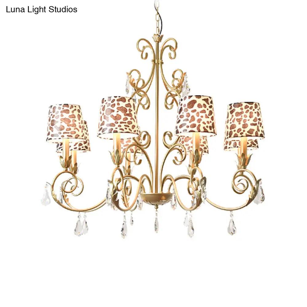 Zebra Print Conical Chandelier With Classic Fabric Shade - 6/8/10 Heads Ceiling Pendant In Gold