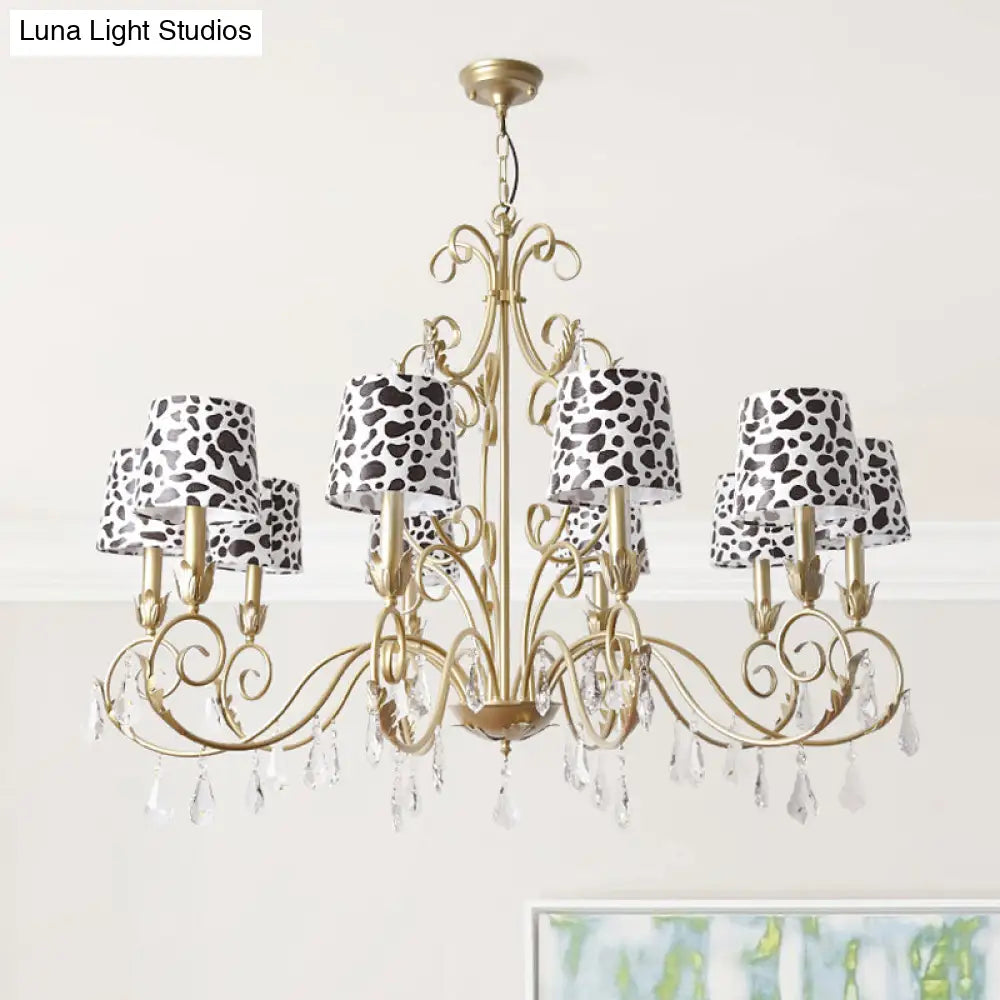 Zebra Print Conical Chandelier With Classic Fabric Shade - 6/8/10 Heads Ceiling Pendant In Gold