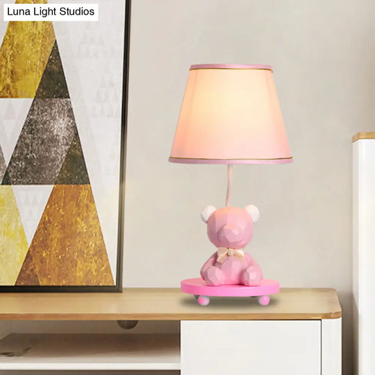 Cartoon Bear Nightstand Lamp With Barrel Shade - Blue/Pink Fabric Finish 1 Bulb Bedside Table