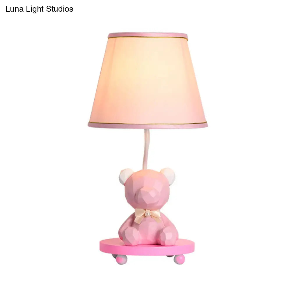 Cartoon Bear Nightstand Lamp With Barrel Shade - Blue/Pink Fabric Finish 1 Bulb Bedside Table