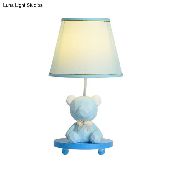 Cartoon Bear Nightstand Lamp With Barrel Shade - Blue/Pink Fabric Finish 1 Bulb Bedside Table