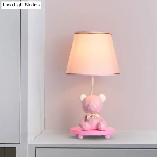 Zoe - Cartoon Barrel Shade Bedside Table Lamp Fabric 1 Bulb Bear Nightstand Lighting In Blue/Pink