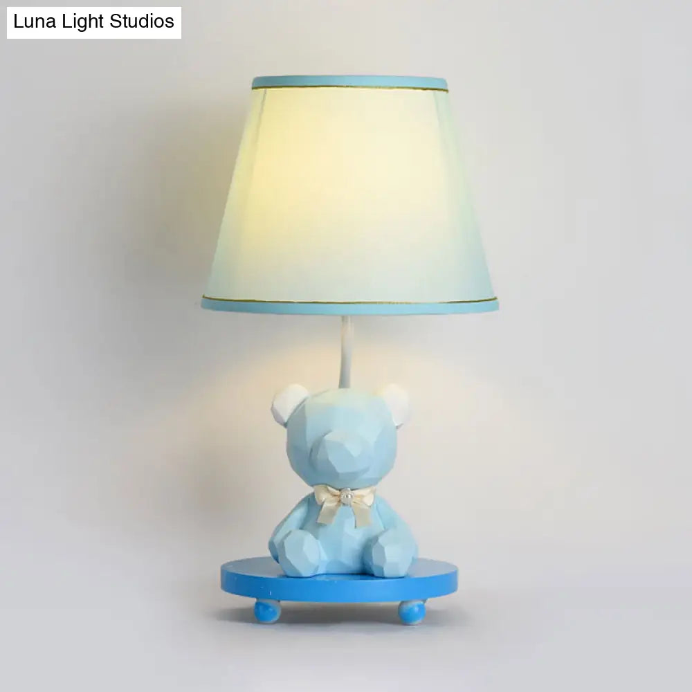 Cartoon Bear Nightstand Lamp With Barrel Shade - Blue/Pink Fabric Finish 1 Bulb Bedside Table