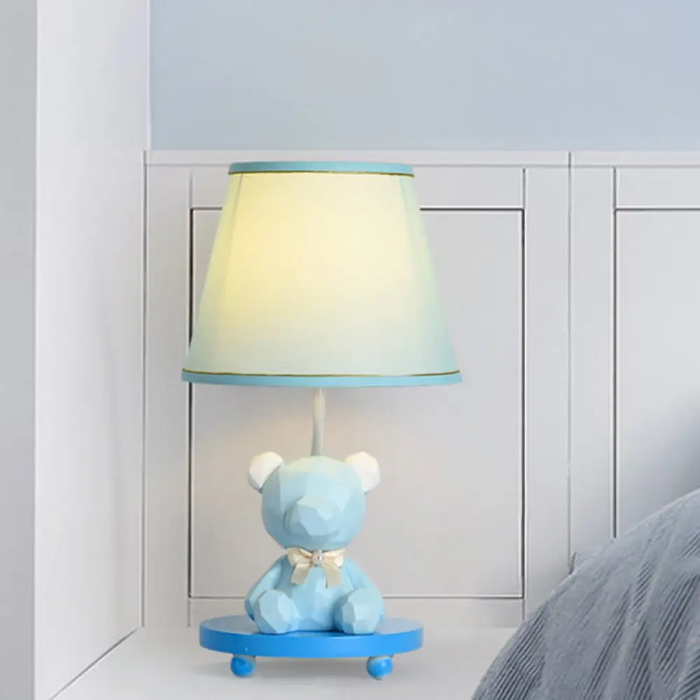 Zoe - Cartoon Barrel Shade Bedside Table Lamp Fabric 1 Bulb Bear Nightstand Lighting In Blue/Pink