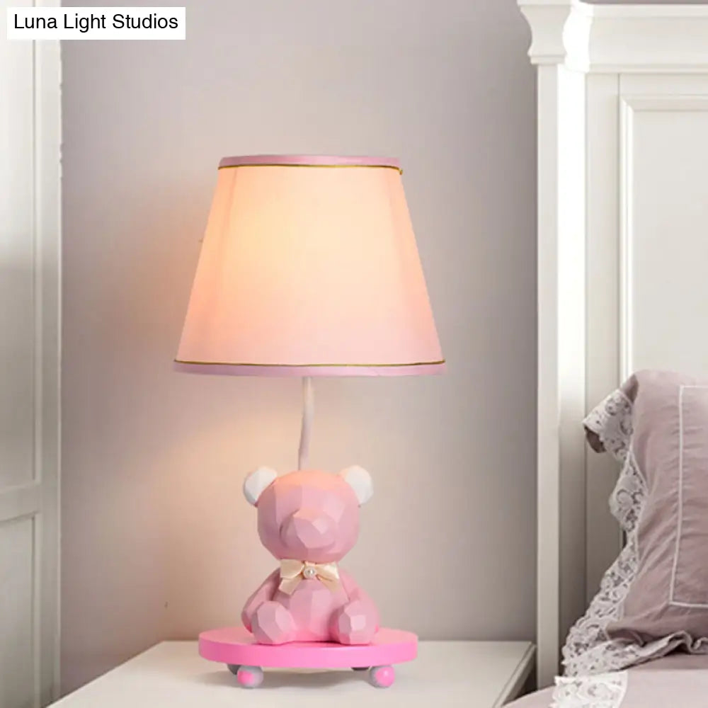 Cartoon Bear Nightstand Lamp With Barrel Shade - Blue/Pink Fabric Finish 1 Bulb Bedside Table