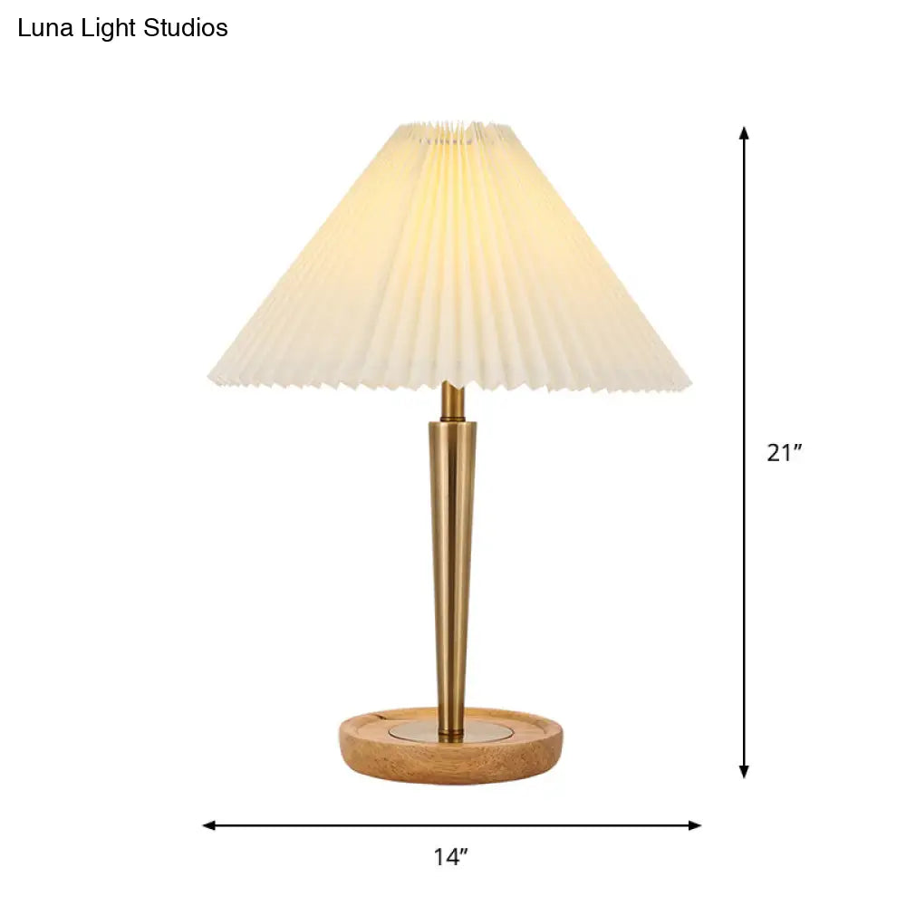 Countryside Conic Pleated Fabric 1-Head Night Table Lamp With Wood Round Pedestal - Gold Finish