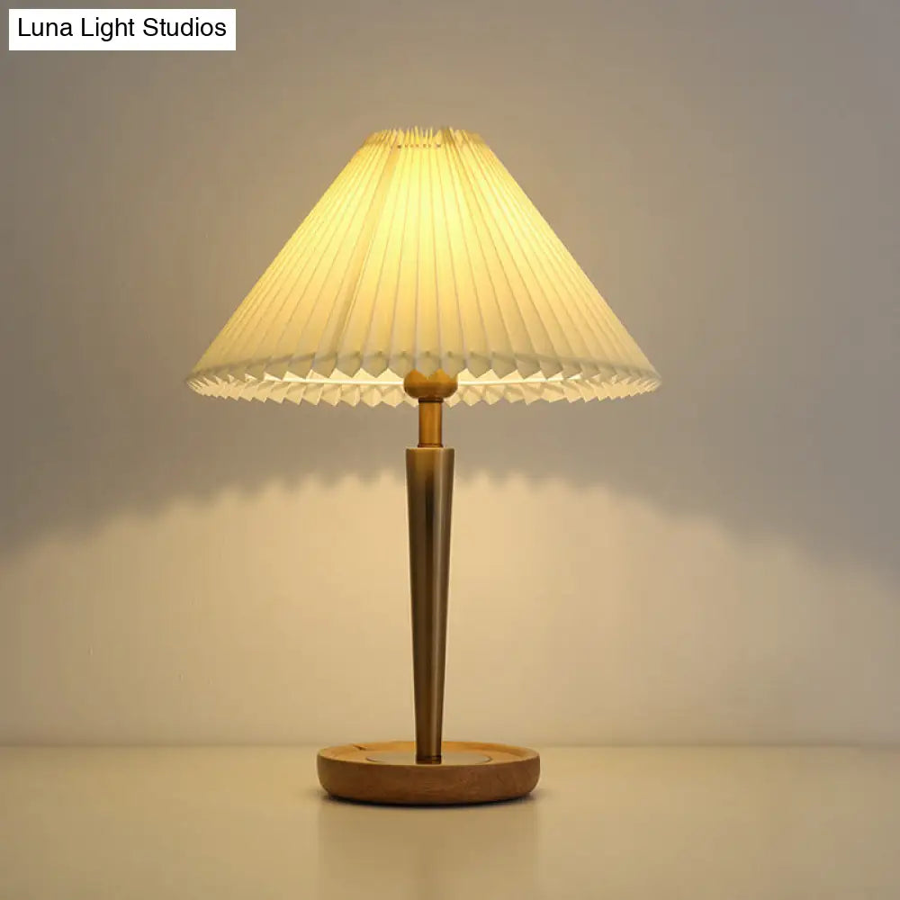 Countryside Conic Pleated Fabric 1-Head Night Table Lamp With Wood Round Pedestal - Gold Finish