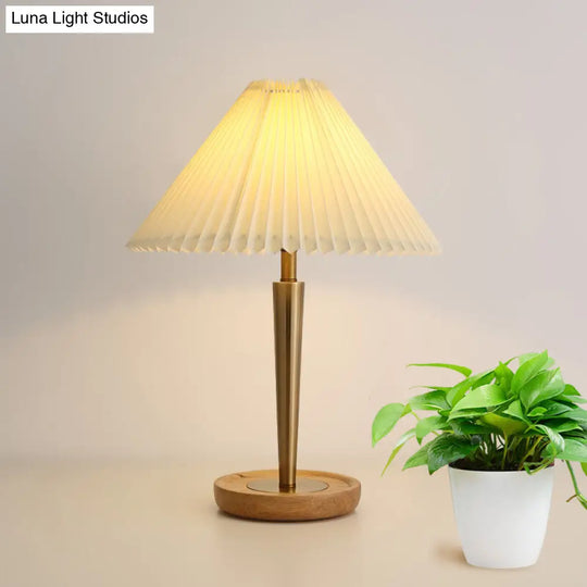 Countryside Conic Pleated Fabric 1-Head Night Table Lamp With Wood Round Pedestal - Gold Finish