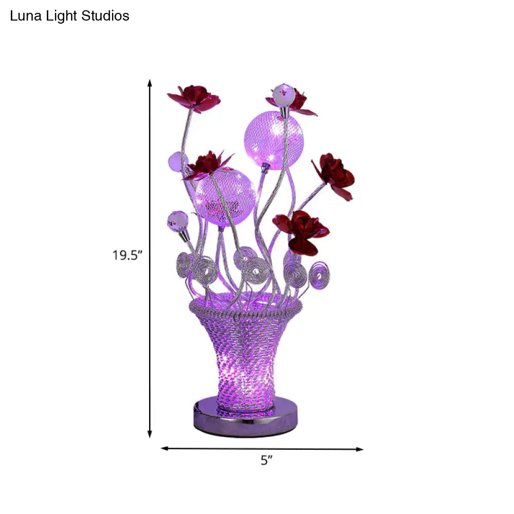 Zoé - Led Potted-Flower Nightstand Light Country Red And Chrome Finish Aluminum Wire Table Lamp