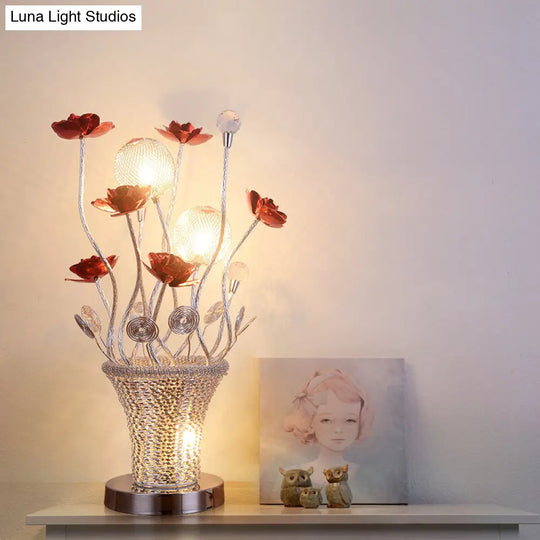 Country Red Led Potted-Flower Nightstand Light: Stylish Aluminum Wire Table Lamp With Chrome Finish