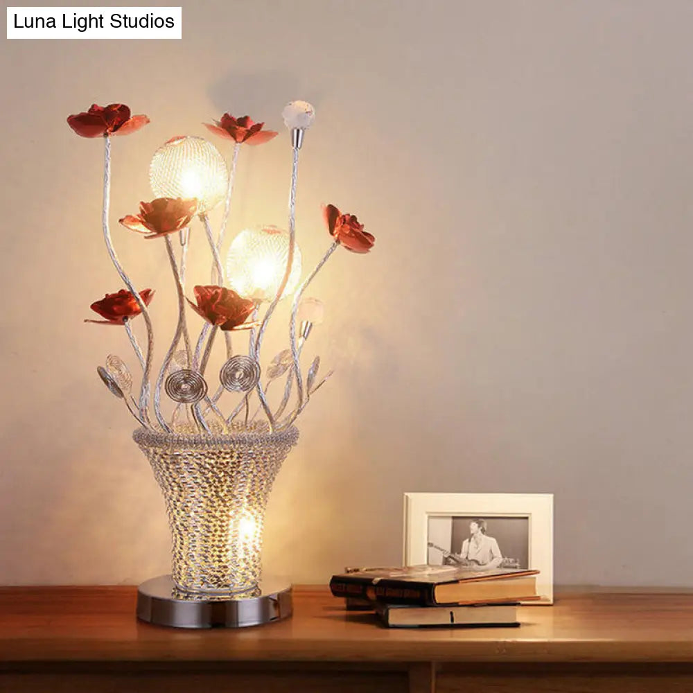 Country Red Led Potted-Flower Nightstand Light: Stylish Aluminum Wire Table Lamp With Chrome Finish