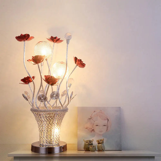 Zoé - Led Potted-Flower Nightstand Light Country Red And Chrome Finish Aluminum Wire Table Lamp