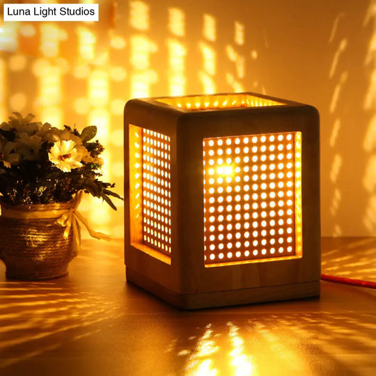 Minimalist Nordic Table Lamp: Cube Box Bedside Wooden Night Light In Beige Wood