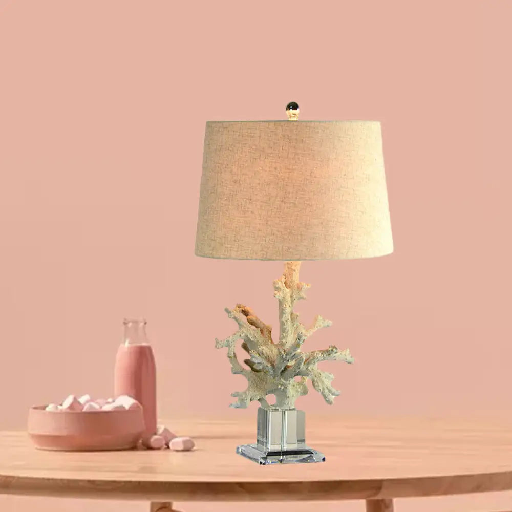 Zoey - 1-Head Table Lamp With Drum Fabric Shade And Coral Decor In Flaxen