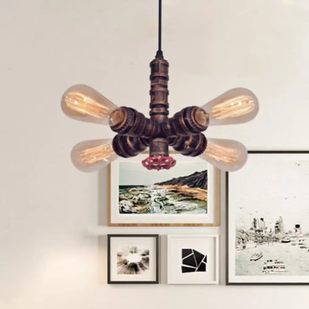 Zoey - Copper Radial Pipe Hanging Lighting Industrial Iron 4 Bulbs Living Room Chandelier Pendant