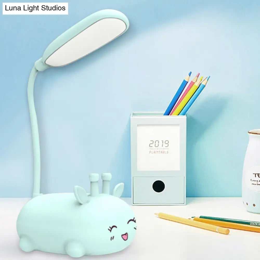 Sika Deer Cartoon Desk Lamp: Kids Plastic Led Night Light With Flexible Arm In White/Pink/Blue Blue