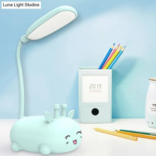 Sika Deer Cartoon Desk Lamp: Kids Plastic Led Night Light With Flexible Arm In White/Pink/Blue Blue