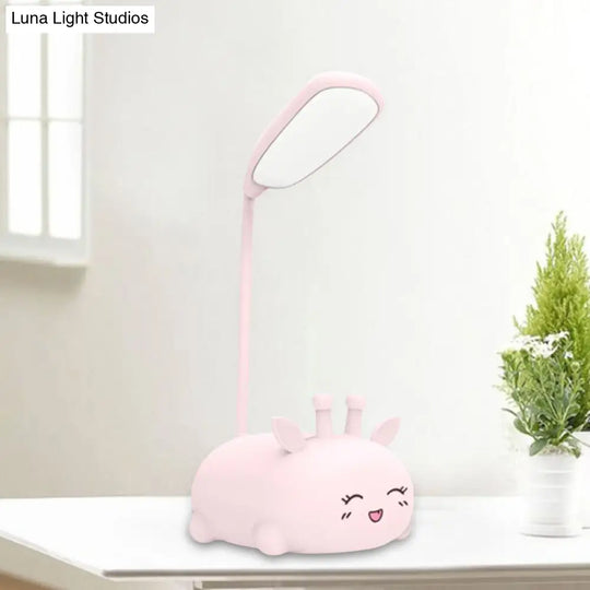 Sika Deer Cartoon Desk Lamp: Kids Plastic Led Night Light With Flexible Arm In White/Pink/Blue Pink