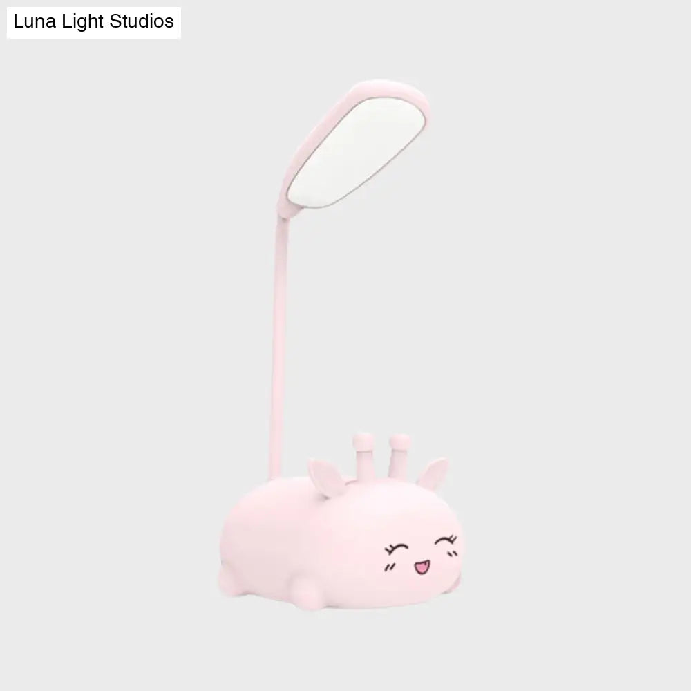 Sika Deer Cartoon Desk Lamp: Kids Plastic Led Night Light With Flexible Arm In White/Pink/Blue