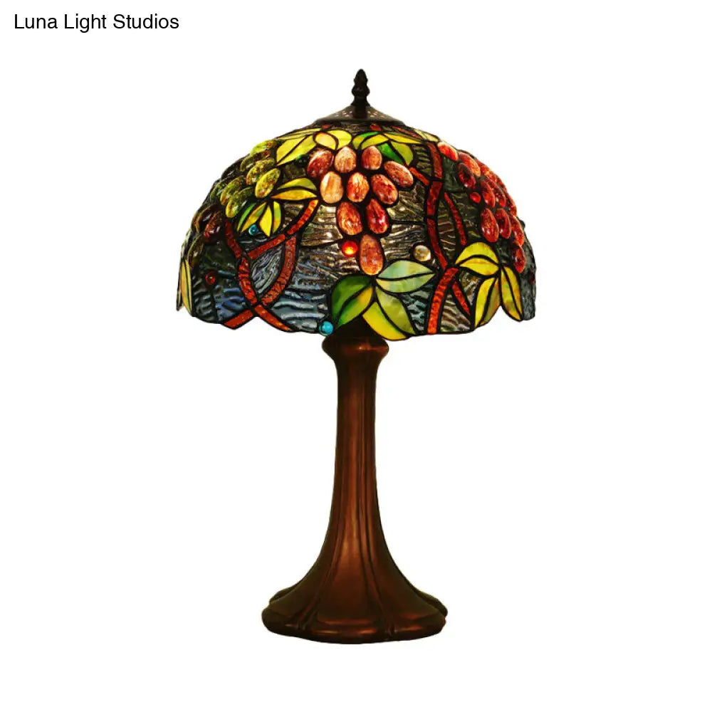 Tiffany Style Coffee Table Lamp: Half-Globe Stained Glass Nightstand Light With Fruit Pattern -