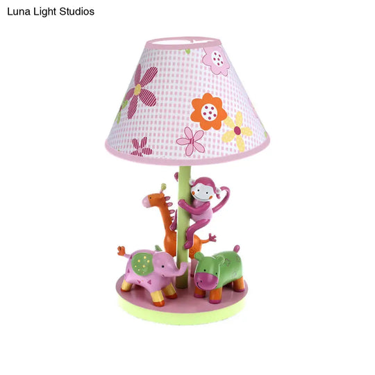 Zoological Garden Night Lamp - Resin Cartoon 1-Bulb Pink Table Light With Printed Fabric Shade