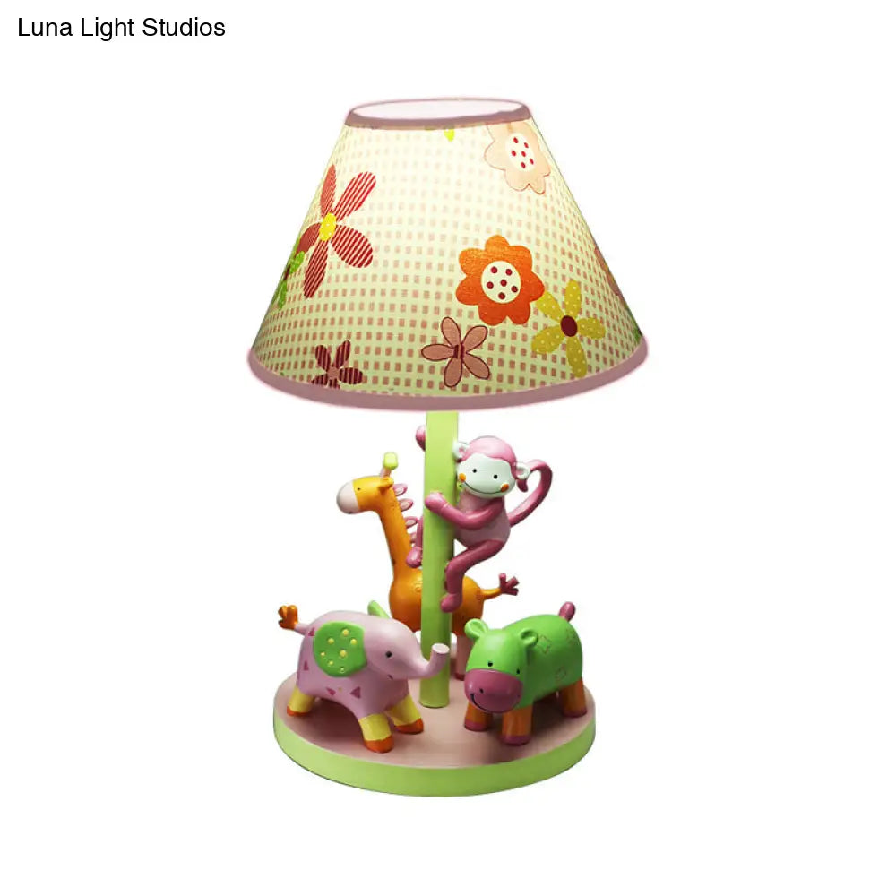 Zoological Garden Night Lamp - Resin Cartoon 1-Bulb Pink Table Light With Printed Fabric Shade