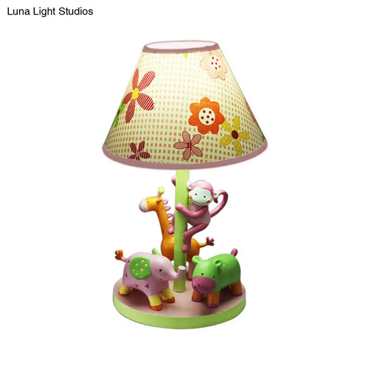 Zoological Garden Night Lamp - Resin Cartoon 1-Bulb Pink Table Light With Printed Fabric Shade