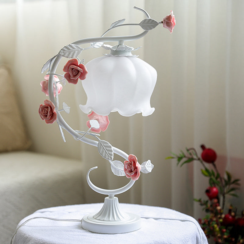 Pastoral Style Bud White Glass Bedside Table Lamp with Ceramic Rose - Soft and Elegant Nightstand Lighting